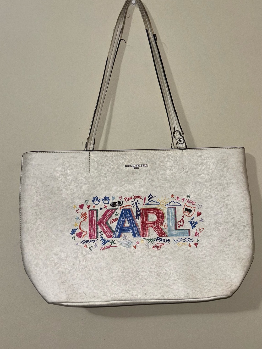Karl Lagerfeld White Canvas Tote with Multicolor Logo Art